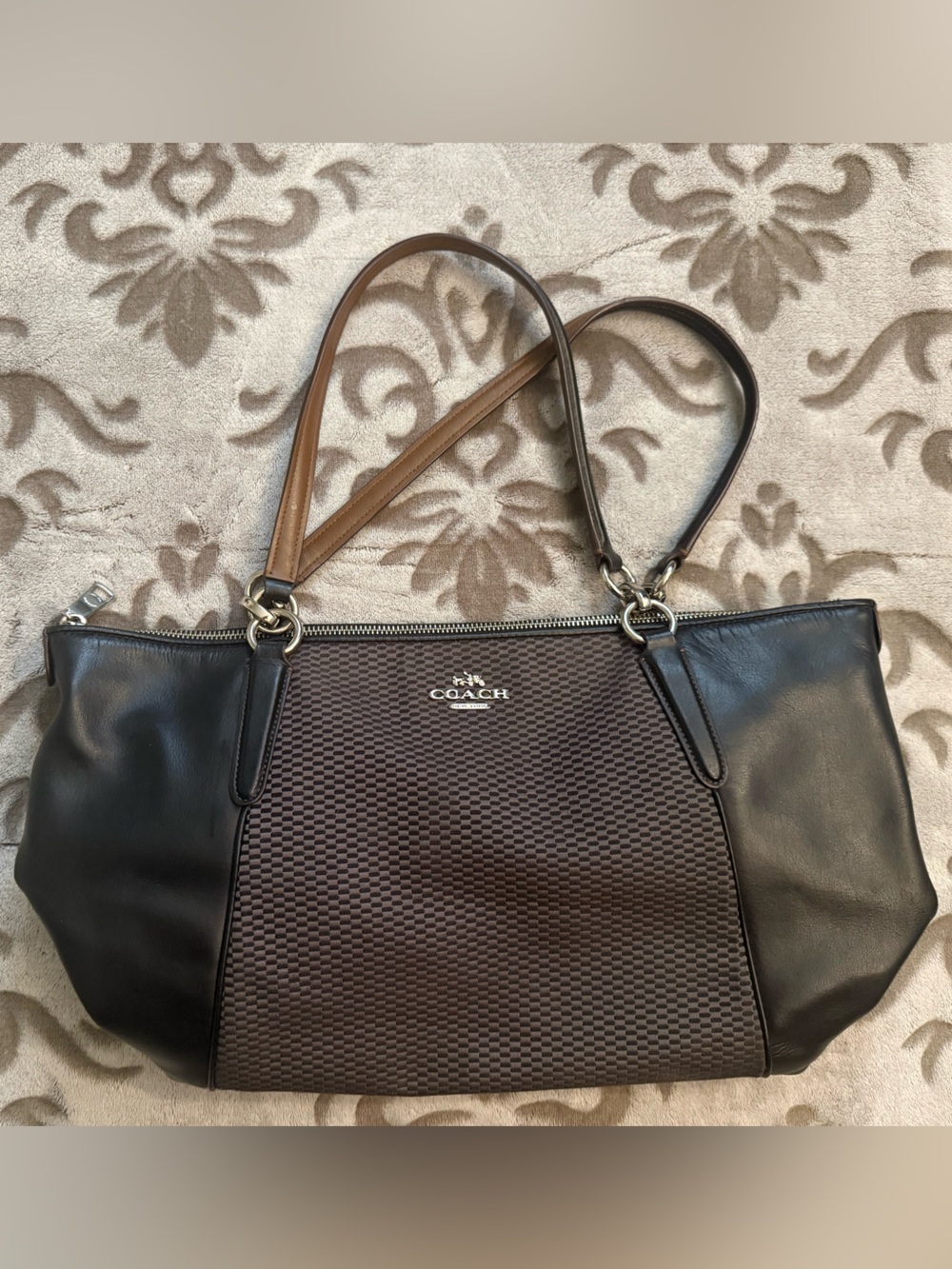 Coach Dark Brown and Black Leather Shoulder Tote - Picture 2 of 2